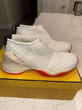 Fendi White Knit Sock Sneaker with Red-Orange Sole